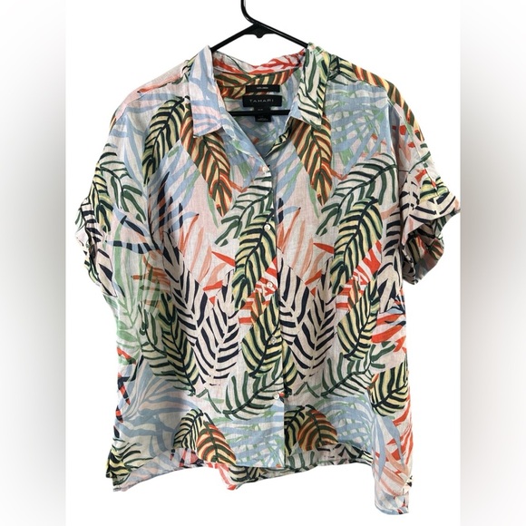 Tahari linen floral multicolored short sleeve blouse - Picture 1 of 4